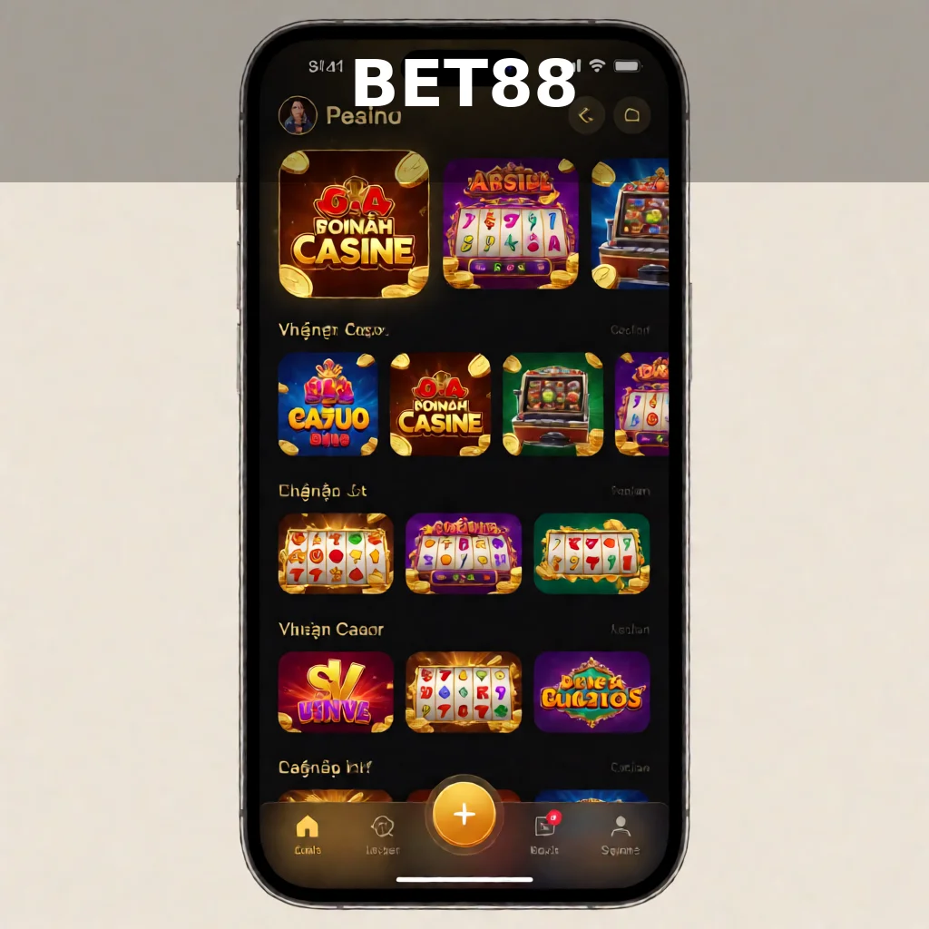Giao diện ứng dụng BET88 trên điện thoại di động với các danh mục trò chơi và nút đăng nhập